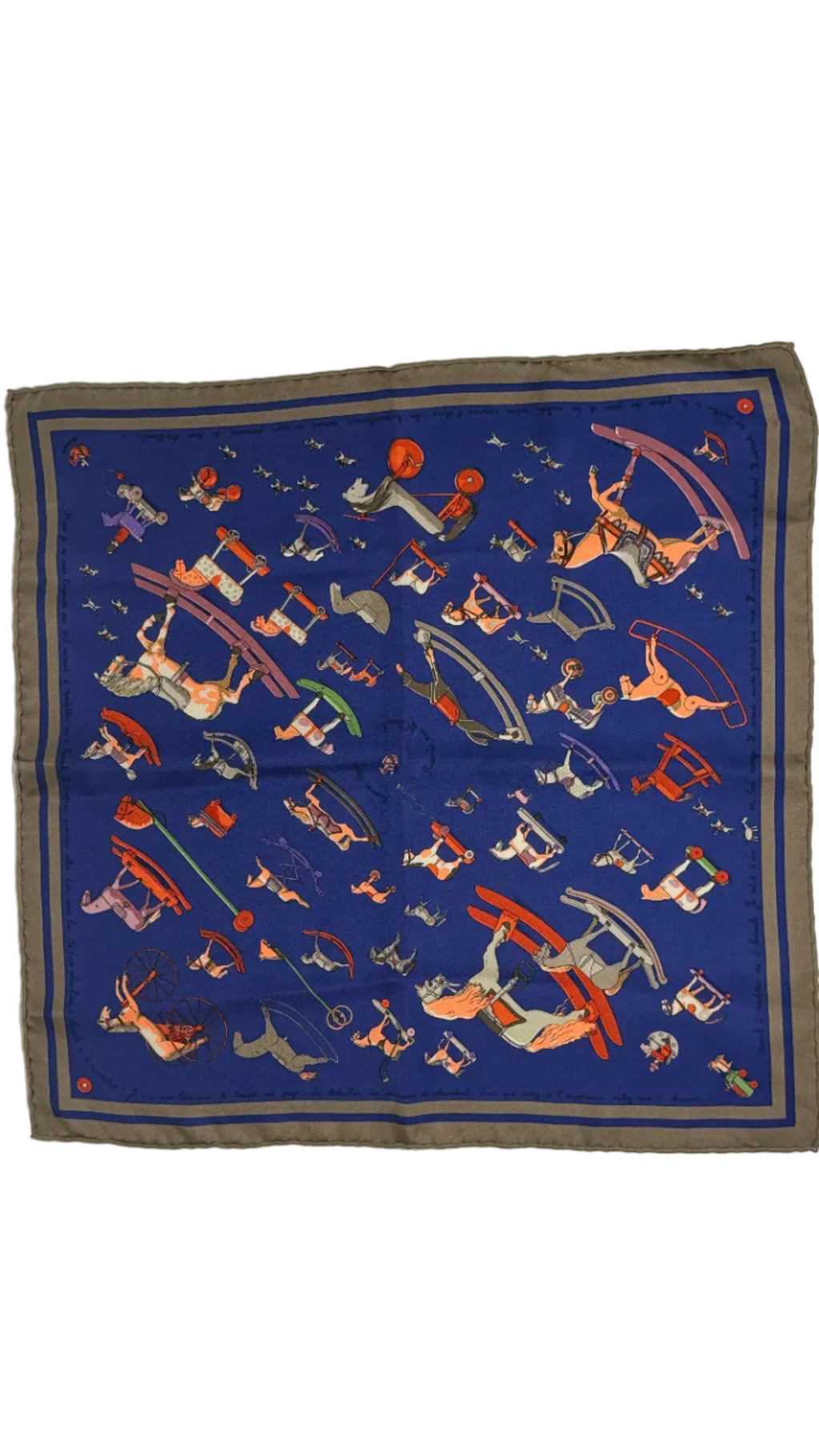 Hermès Carré 45 silk scarf, Rocking Horse, navy and gray