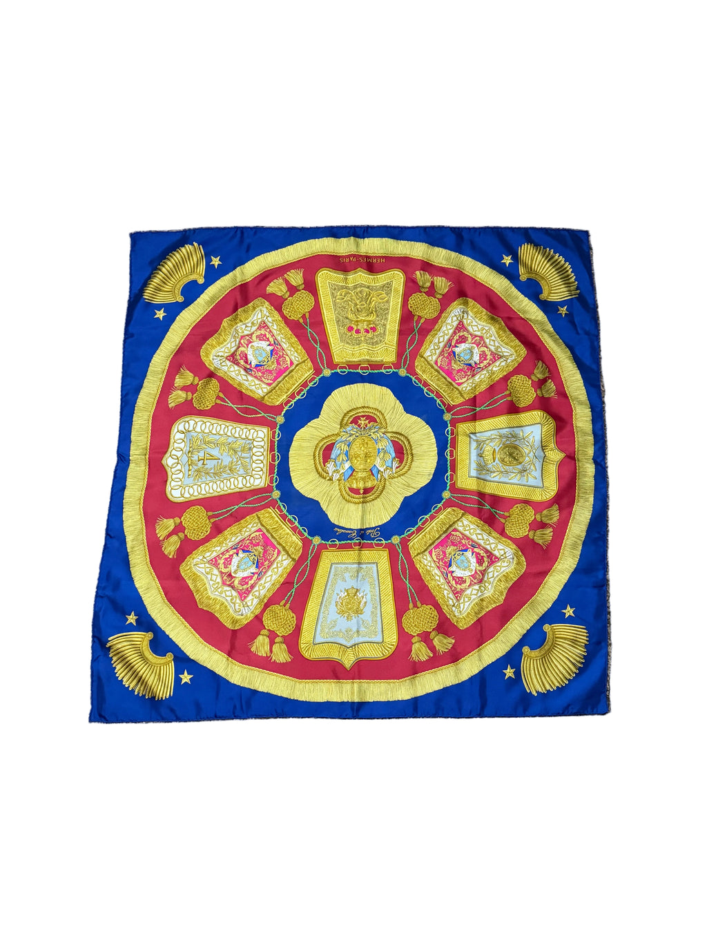 Foulard Hermès en soie bleu, rouge et jaune